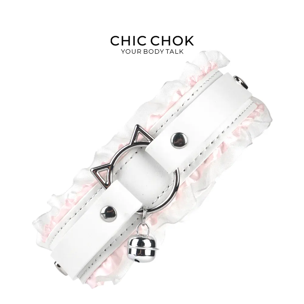 CHICCHOK Kitty Love White Genuine Leather Choker with Pink Lace & Bell, Adjustable Size Lolita Style Fashionable Jewelry Accessories for Casual Wear & Cosplay, Cosplay‑Ready Look, Bell Accent