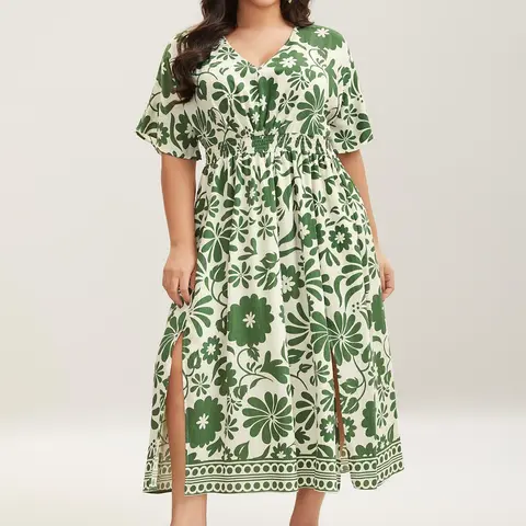 BloomChic Large Floral Print Pockets Midi Dress 【M-6XL】