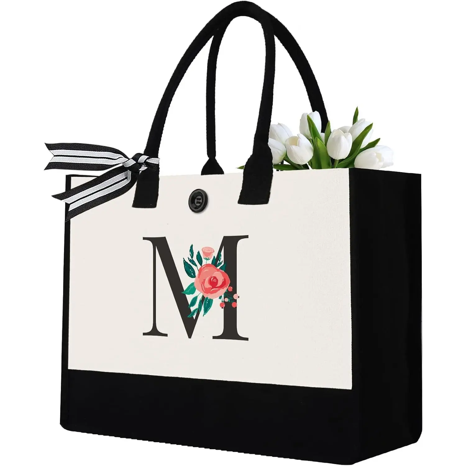 Initial Canvas Tote Bag, Personalized Birthday Gifts for Women Mom Friends Teachers, Monogrammed Tote Bags Suitable for Mother's Day Wedding Beach