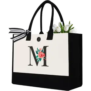 Initial Canvas Tote Bag, Personalized Birthday Gifts for Women Mom Friends Teachers, Monogrammed Tote Bags Suitable for Mother's Day Wedding Beach