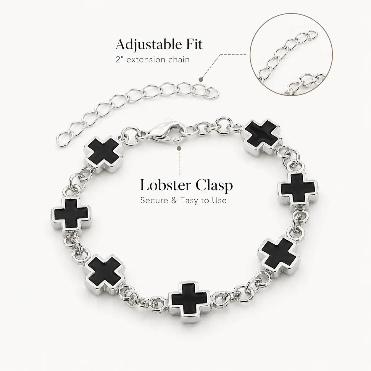 Silver-Tone Alloy Cross Charm Bracelet for Women, Adjustable Black Enamel Style Link Bracelet, Black or Black and White, Everyday Fashion Jewelry Gift