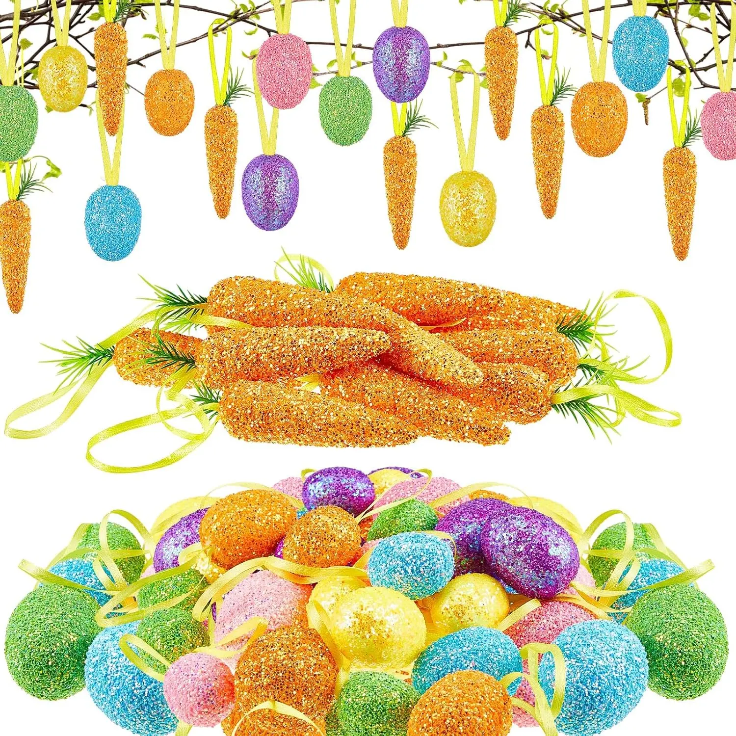 54 Pcs Easter Egg and Carrot Hanging Tree Ornaments Include 42 Colorful Glitter 12 Artificial Carrots for Decorations Spring Party DIY(Classic Color)