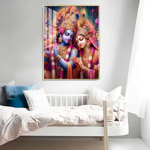 Crystal Porcelain Radha Krishna Wall Art Painting with Golden Metal Frame | Spiritual Home & Office Decor (18x24 & 20x30 Inch)