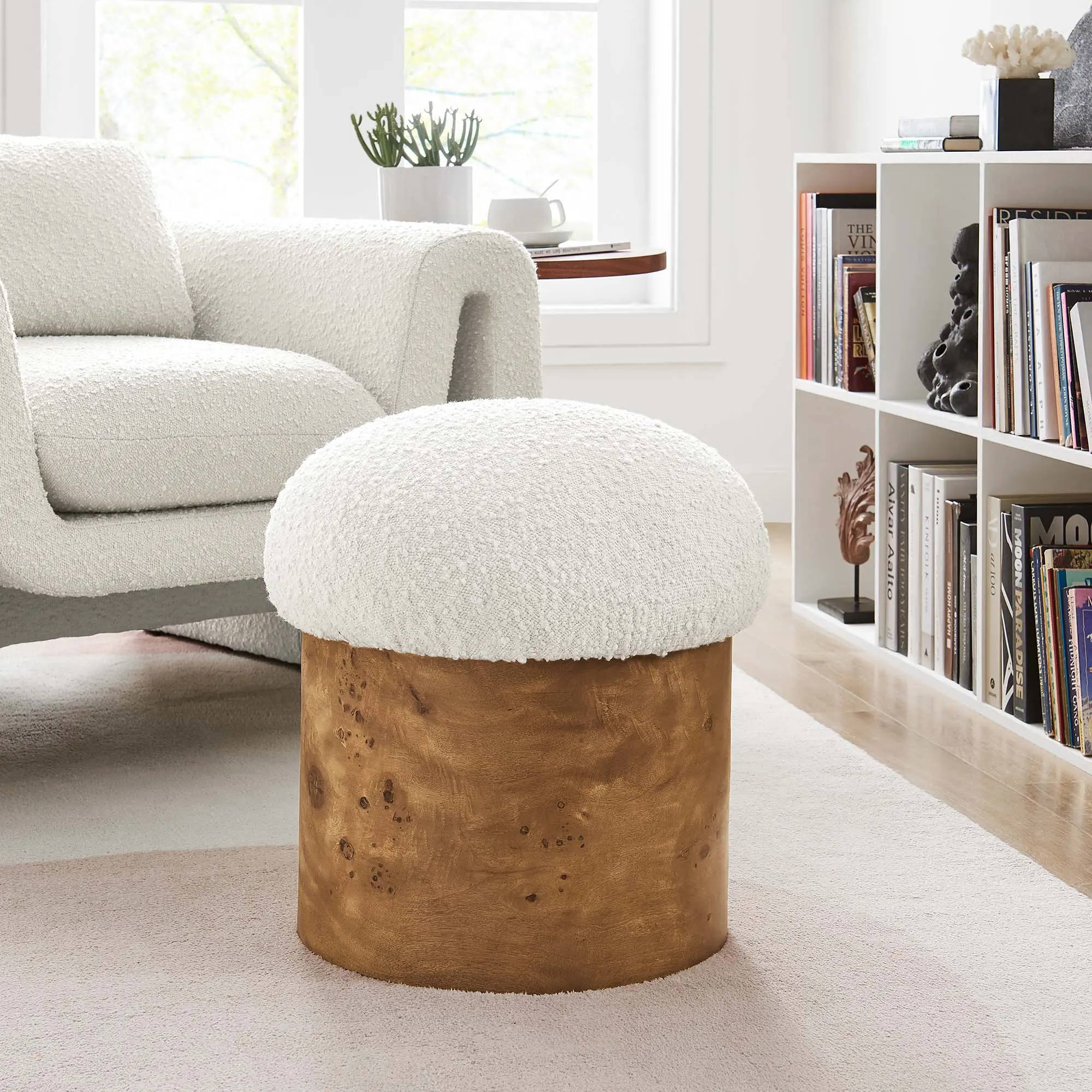 Breeze Boucle Upholstered Ottoman Footstool, Ivory-Burgundy Round Cylindrical Living Room Furniture Stool