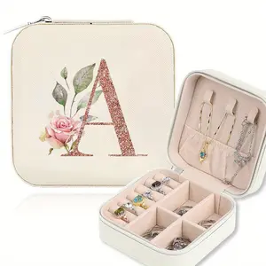 Women's Faux Leather Travel Jewelry Case - Personalized 26-Letter Initial A-Z Floral Velvet Jewelry Box, Waterproof Lightweight Synthetic Leather Zipper Organizer with Compartments for Rings,Earrings,Necklaces,Elegant Gift