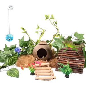 Crested Gecko  Accessories,Reptile Vines  with Coconut  Ladder Hideout Hermit Crab Decor for Bearded Dragon Lizard Chameleon Tortoise Snake