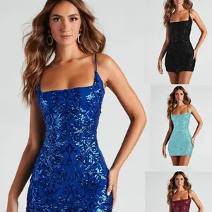 2025 Women's Summer Sequin Suspender Sexy Hip Wrap Slim Mini Dress black formal strappy dress shiny dress