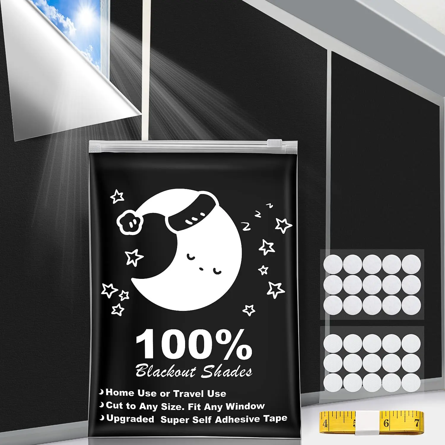 Portable Stick-On Blackout Curtains (40"x57") with 15 Pairs of Hook-Loop Tabs - Super Self Adhesive Tape, No Drill Blinds, Anti-UV Blackout Window Cover, Adjustable, Cuttable for Bedrooms, Travelers, Adjustable Hook Blinds