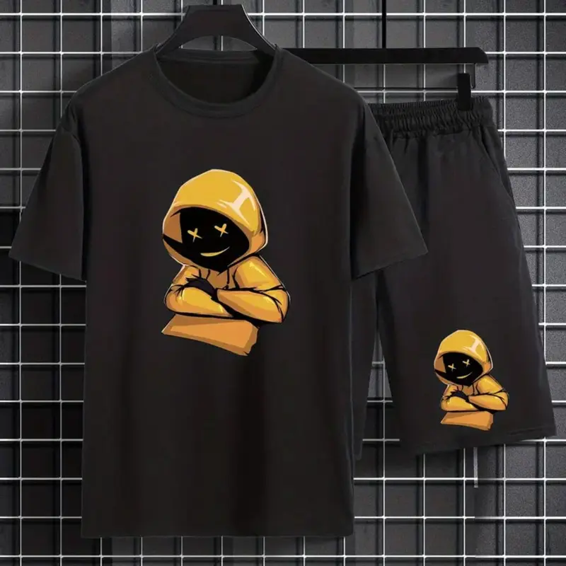 2 Piece Set Men's Cartoon Figure Print Shorts Set, Regular Fit Casual Streetwear Crew Neck Short Sleeve Breathable T-shirt & Pocket Drawstring Shorts, Men's Summer Outfits