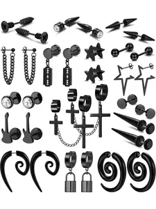 Punk 16 Pairs Black Hoops Stud Earrings, Stud Earring Sets, Stainless Steel Alloy Acrylic Earrings Set for Women Men Y2K Punk Hoop Dangle Earrings Emo Goth Chains Cross Lock Barbell Star