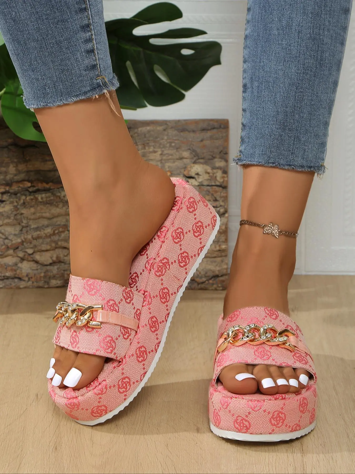 Women's Fashionable Floral Pattern Chain Decor Slide Slippers, Rhinestone Decorated Slides, Casual Comfortable Platform Slippers for Summer, Female Slippers for Daily Wear, EVA Slippers, Footwear