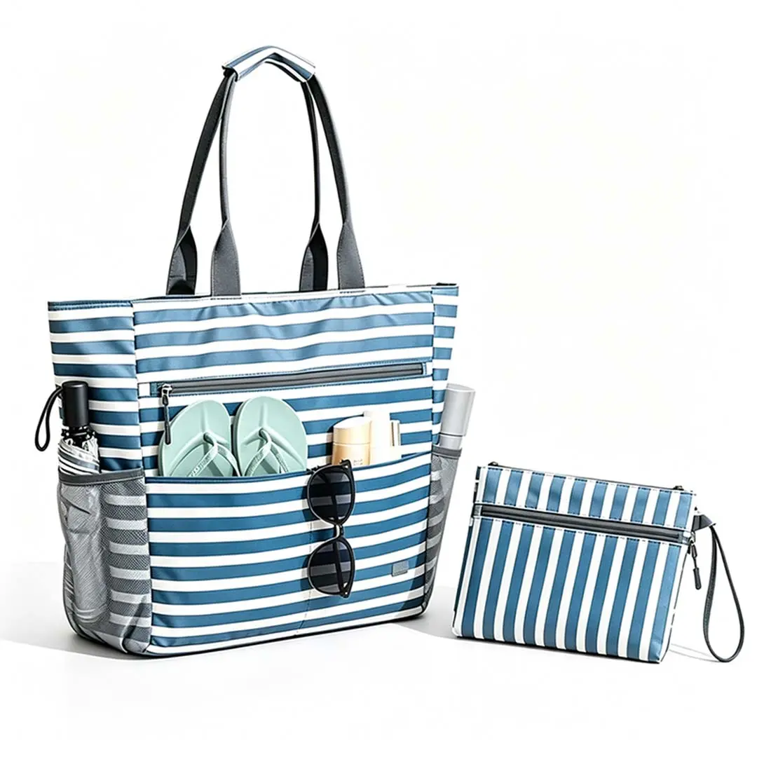 Women's High-Capacity Nylon Waterproof Sandproof Striped Pastel Canvas Carry All Tote - Top Handle, Zipper Closure, Foldable, Lightweight, Mesh Organiser, Casual Everyday/Daily Commuter Bag for Family Pool Vacations, Casual Outings, Multi-Compartment