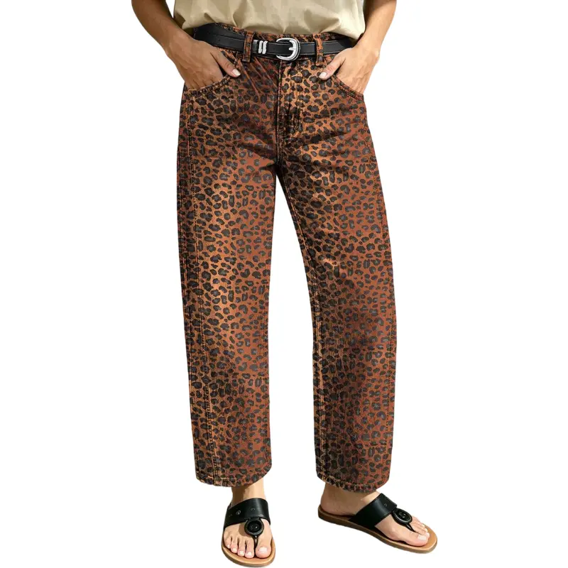 Flamingals Leopard Mid Waist Straight Leg Crop Pants Without Belt Stretchy 25.6'' Inseam