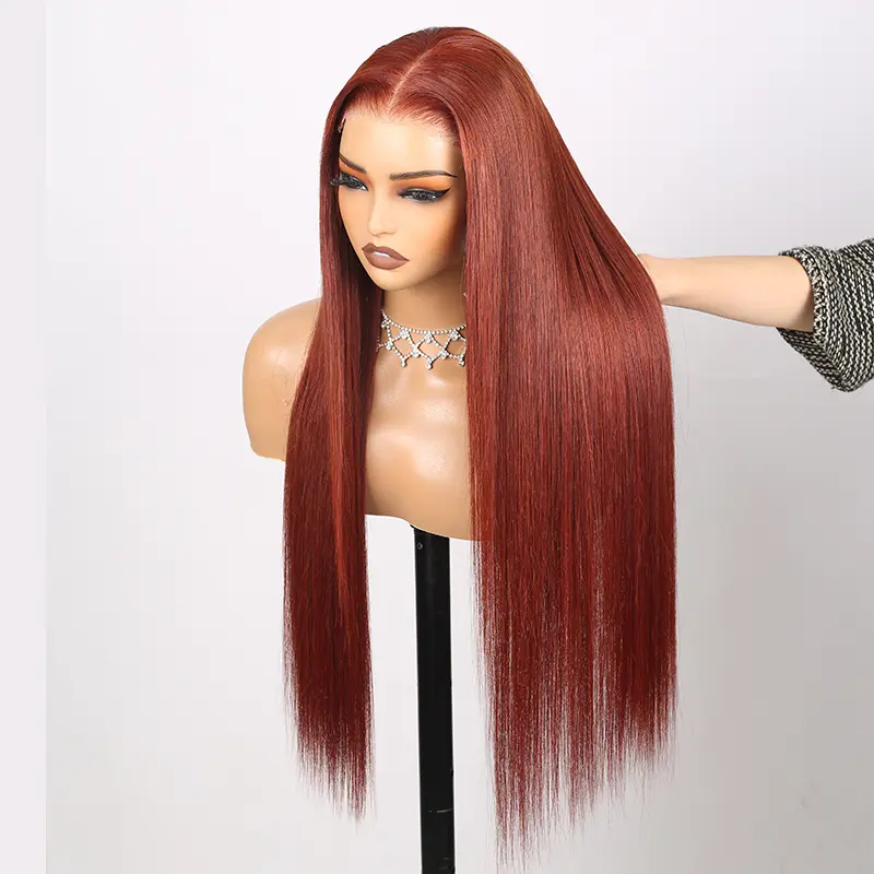 Megalook 13x6 Glueless Lace Front Human Hair Wig, Silky Straight in #33 Auburn Brown, Pre-Cut & Pre-Plucked with Bleached Knots for a Natural Hairline, Smooth with Secure Drawstring Fit, Human Hair Wigs, Female, 320°F Heat Resistant, Effortless
