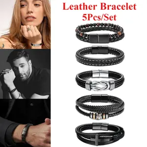 5 Pack Black Leather Bracelets for Men Women,Mens Bracelet Leather and Steel Braided Cuff Bracelets,Christmas Party Gifts,Hand Tools Kits