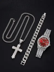 Silver Color Diamond-Encrusted Bracelet Watch with Dial, Fashionable Men's Set with Cross Necklace and Cuban Chain