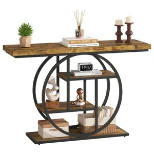 47.2-Inch Industrial-Style Entryway Table: 4-Tier Entryway Storage Console (with Round Base) — Narrow Decorative Side Table with Storage Shelves, Vintage Brown