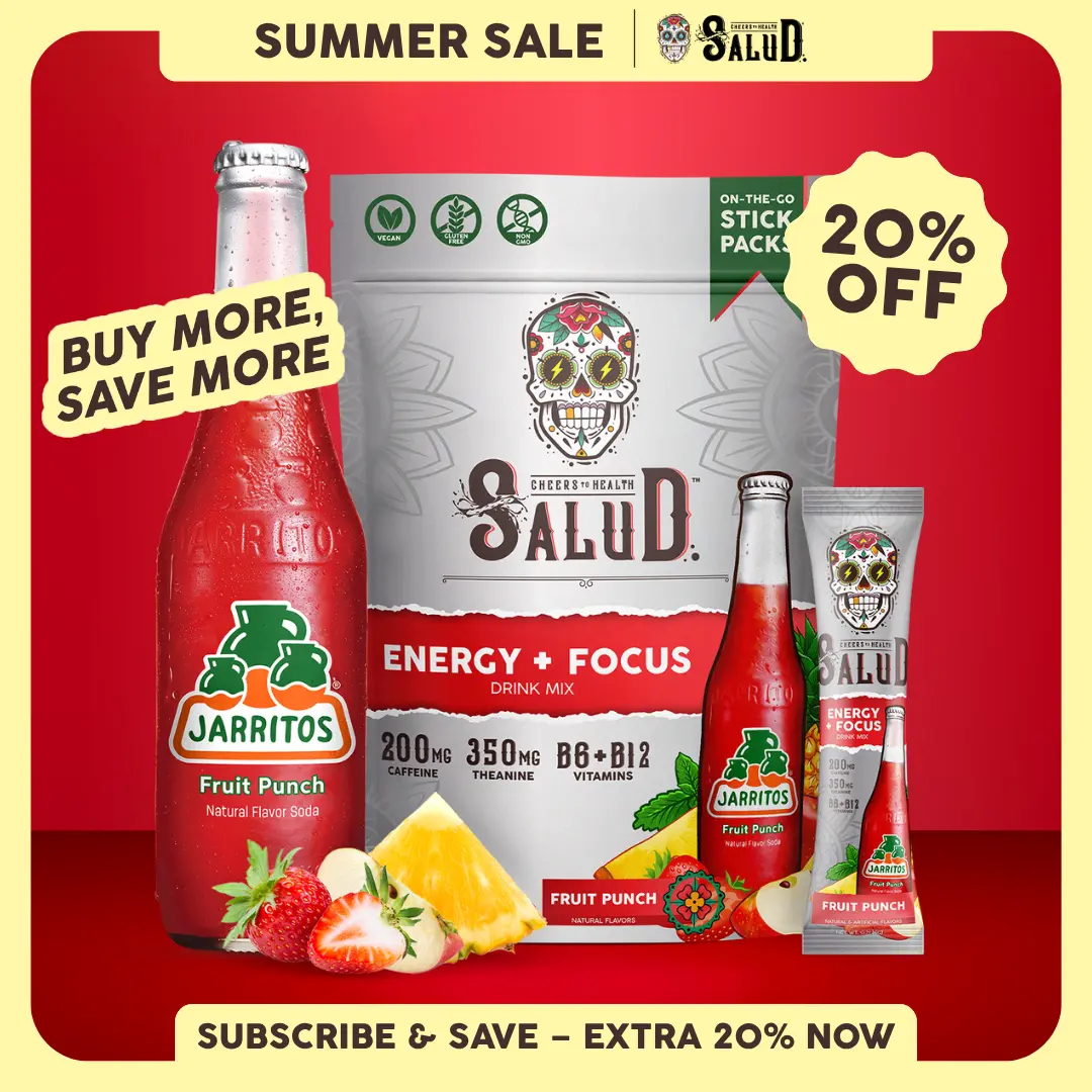 Salud x Jarritos 2-in-1 [Energy + Focus - Fruit Punch] Clean Energy Drink Mix, Agua Fresca, Organic Caffeine, B6 & B12, L-Theanine, Drink Packets, Non-GMO, Gluten Free, Vegan, Low Calorie, 1g Sugar (15 Servings)
