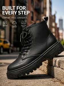 Women's Combat Boots, Western Boots, Short Lace-Up Thick Sole Side Zipper Boots, Above Ankle but Below Knee, All Seasons, Rubber Upper, Artificial Leather Sole