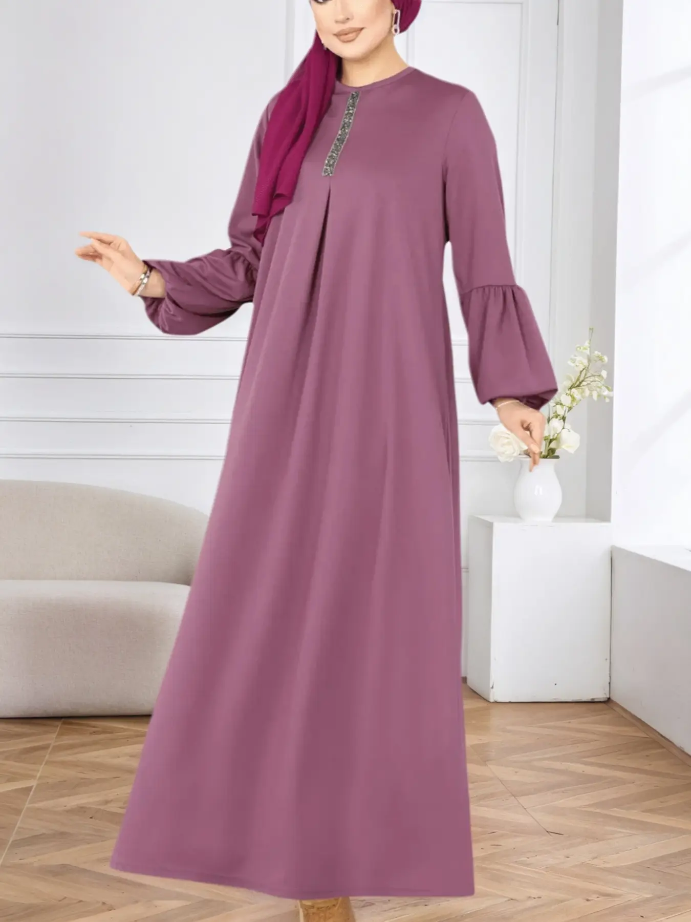 Elegant Women's Lantern Sleeve Round Neck Loose-Fit Casual Dress, All Seasons Woven Fabric Plain Pattern Moderate Thickening