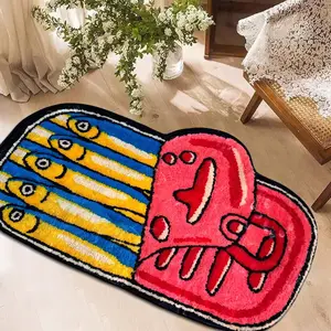 Fun Canned Fish Area Decorative Rugs, Modern Cartoon Style, High-Quality Faux Cashmere Material, Absorbent and Durable for Bedroom or Living Room, Cartoon Pattern Rug