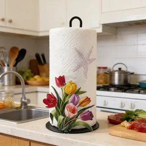 10.24-inch Cast Iron Tulip Paper Towel Holder - No Drilling Required, Surface Mounted, Holiday Decoration, Bathroom Decoration Accessories, Suitable for Kitchens, Bathrooms, Sturdy Iron Structure, Mother's Day Gift Decoration
