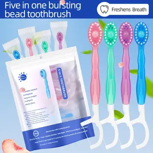 Mini Disposable Toothbrushes 5-in-1 Tool (Paste + Brush + Floss + Pick+Tongue Odor Remove) Individually Wrapped Disposable Prepasted Travel Toothbrushes Small Adult Toothbrush - (26 Packs)