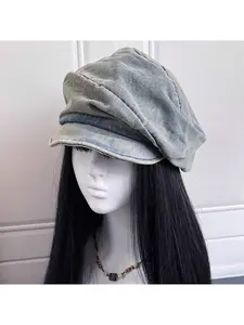 Women's Japanese Style Distressed Denim Beret Hat, Solid Color Vintage Design, Summer Artistic Niche Fashion Accessory