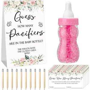 512 Pcs Baby Shower Games Set, Guess How Many Pacifiers Sign, 100 Small Guessing Games, 10 HB Pencils, 750ml Milk Bottle, 400 Acrylic Pacifiers, Decoration for Guest Gender Reveal (Pink, Flower)