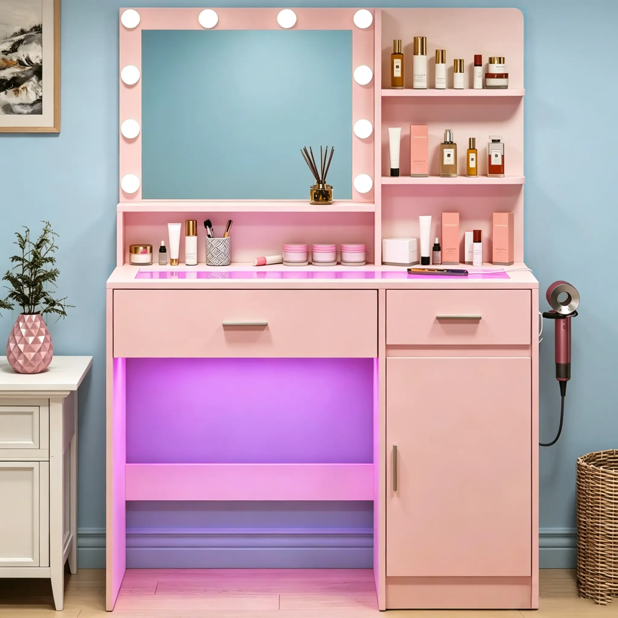 CollaredEagle Vanity Desk With Mirror, Women Girls Bedroom Dressing Table, LED Lighted Makeup Station, Glass Top Vanity Table, Adjustable Brightness Vanity homemakeover color light mode white corner led-lit