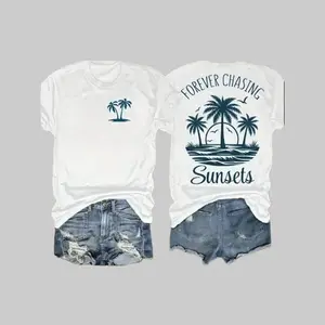 Women's Pure Cotton Short-Sleeve Crew Neck T-Shirt - Streetwear Casual Women's Clothes with "Always Chasing the Sunset" & Palm Tree Prints, Ideal for Summer Vacations, Beach Leisure