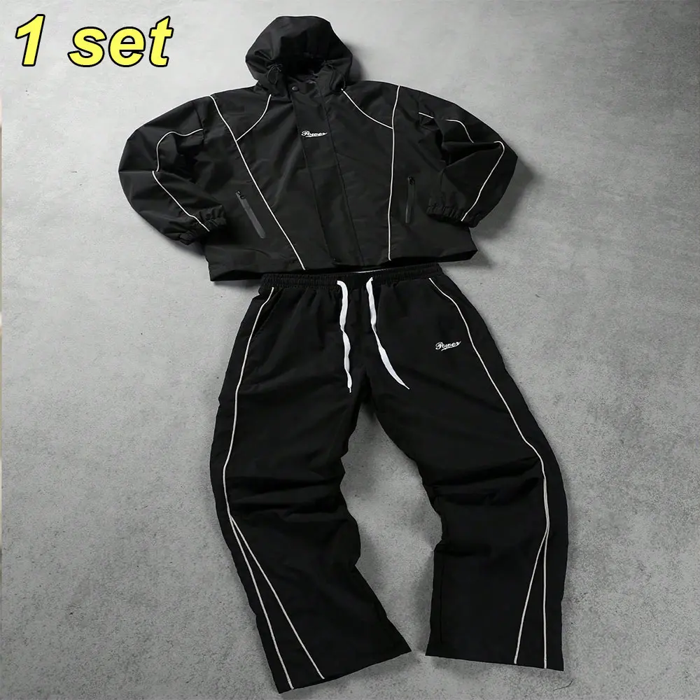 American high-street athletic set: trendy hooded windbreaker jacket + wide-leg sports pants two-piece casual outfit. Side stripe design, loose fit that flatters the figure and is versatile—ideal for everyday commuting outfits.