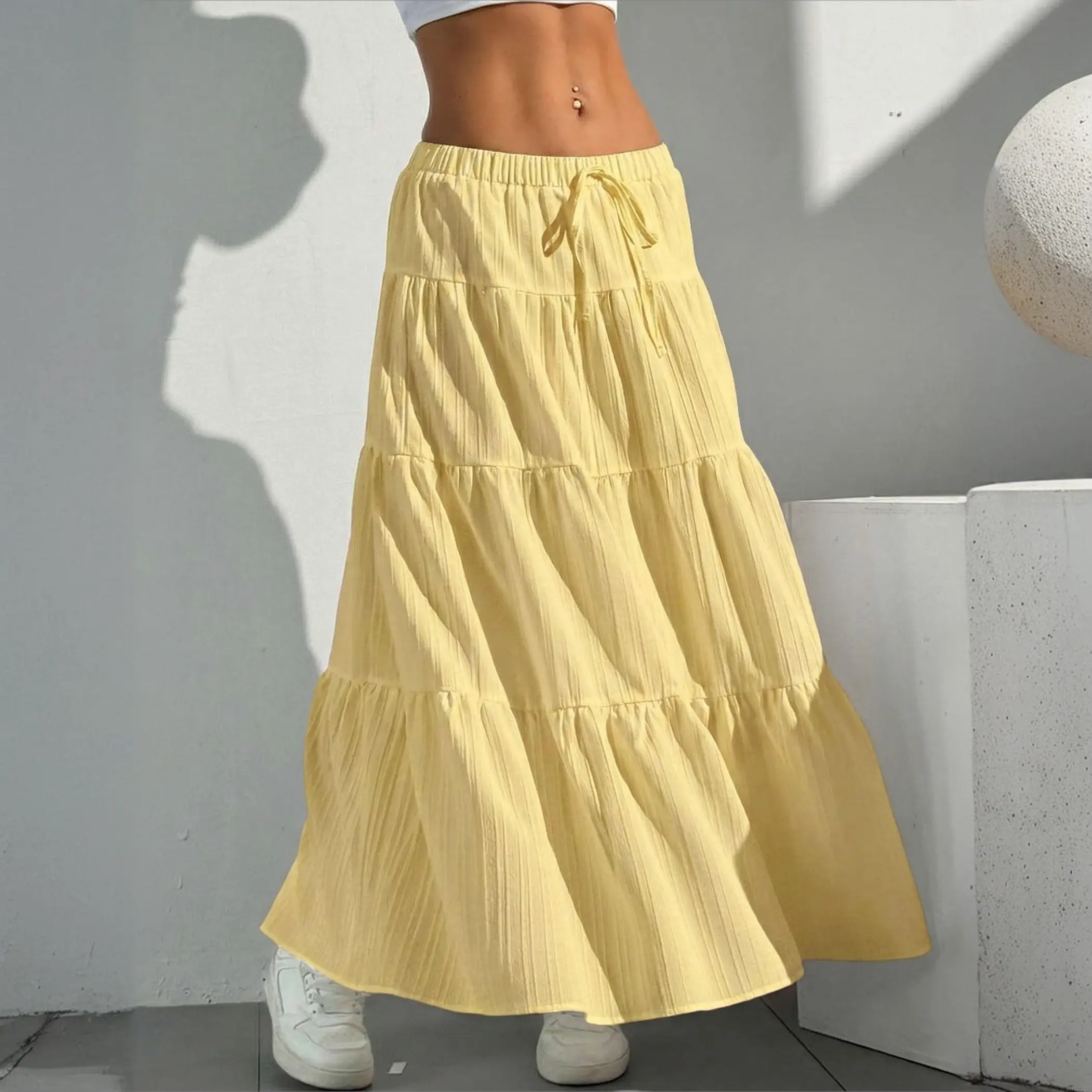Women's Boho Flowy Yellow Maxi Skirt Flared Ruffle Elastic Waist High Waist Skirt Summer A Line 2026 Spring Long Skirts