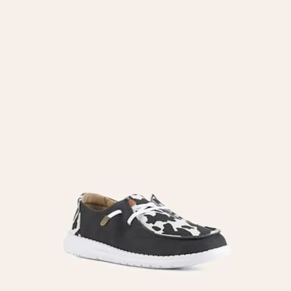 Hey Dude Women's Wendy Animal Black and White Cow Print Moc Toe Lace Up Casual Shoes