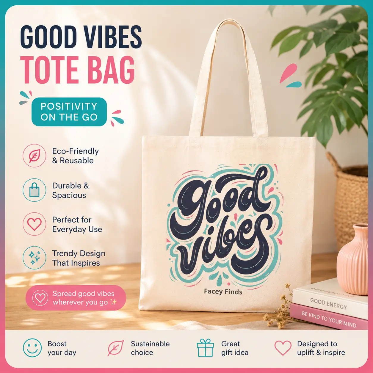 Good Vibes Hand Lettered Cotton Tote Bag | Retro Script Beach Market Bag