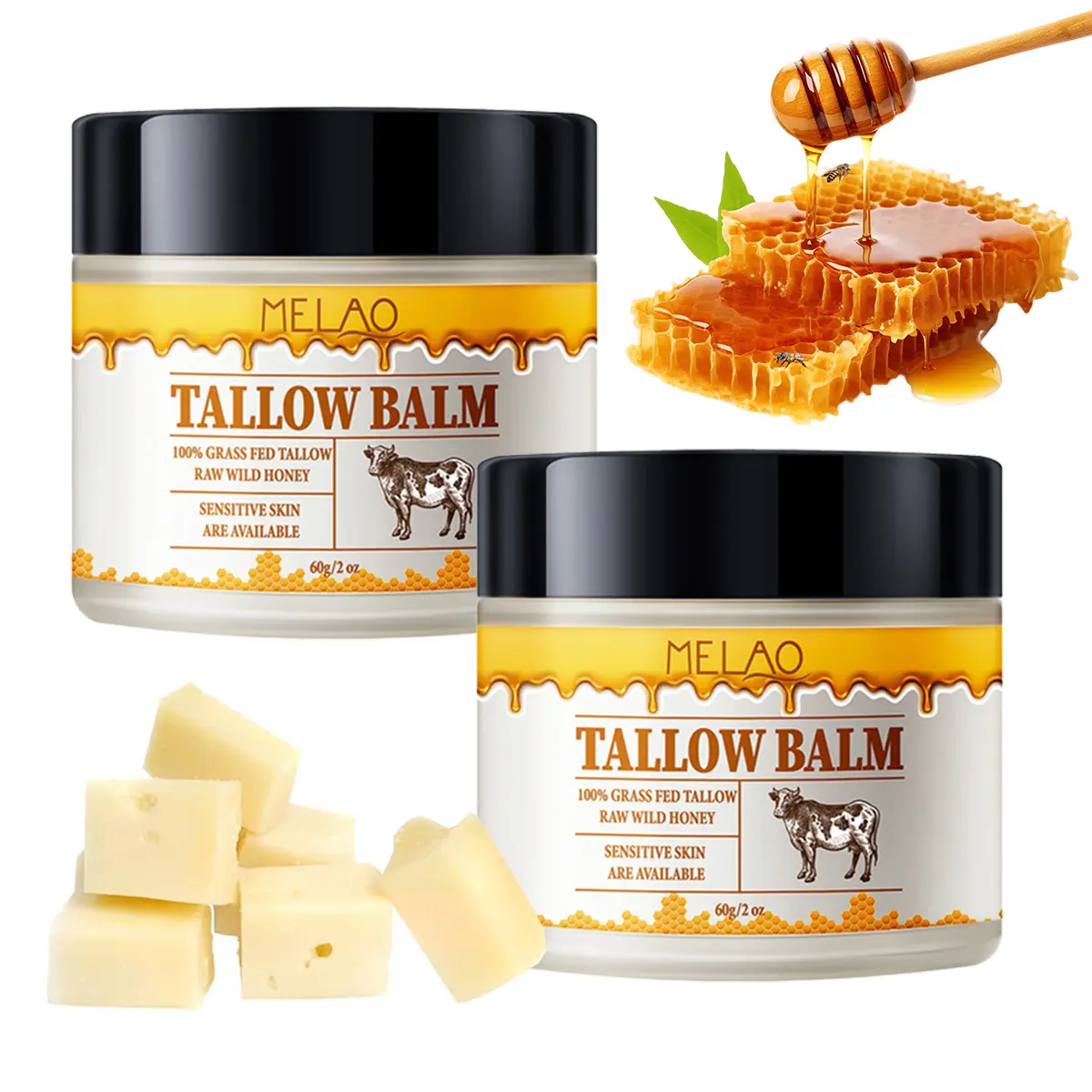 Grass-Fed Beef Tallow Beeswax Body Balm - Organic Whipped Body Care with Manuka Honey, Olive Oil, Hydrating Repair & 72-Hour Moisture for Sensitive Skin