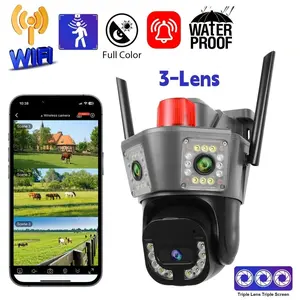 3 Lens Home Security Camera With 3 Screens Display, WiFi PTZ Camera 355° Rotation, Smart Motion Tracking & Instant Alarm Push, Color Night Vision, Two-Way Audio, Cloud & TF Card Storage, IP65 Waterproof, Work With APP.camara De Sequridad outdoorfun