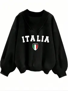 Women's Casual V Neck Letter Print Sweatshirt, Comfortable Chic Fashion Loose Fit for Ladies & Teen Girls, Stylish Daily Wear Apparel, Style, Womenswear