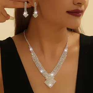 Women's 2-Piece Luxury Rhinestone Square Costume Jewelry Set - Necklace and Matching Earrings, Ideal for Bridal Weddings, Formal Events, Daily Wear, Gift for Her