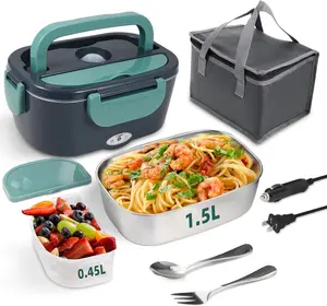 Electric Lunch Box 80W Food Heater for Adults, Portable Design, Stainless Steel Fork & Spoon, Insulated Carry Bag, BPA Free, 12/24/110V - Tableware