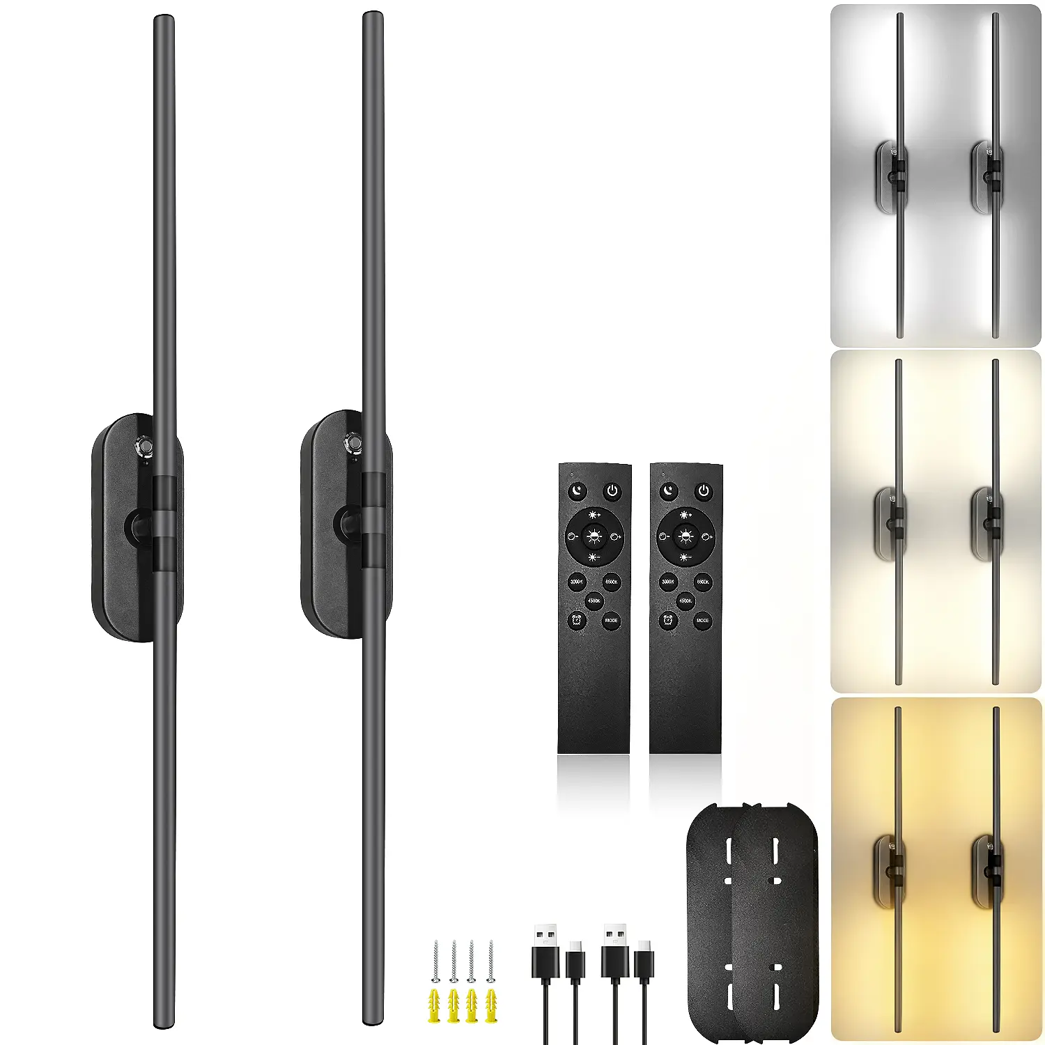 SEGRASS Battery Operated Wall Sconces Set of 2, 3000K-6000K Dimmable 10000mAh Rechargeable Wireless LED Lights with Remote, 360° Rotate Acrylic Metal 31.5Inch Indoor Use Picture Lights for Bedroom, Study Room