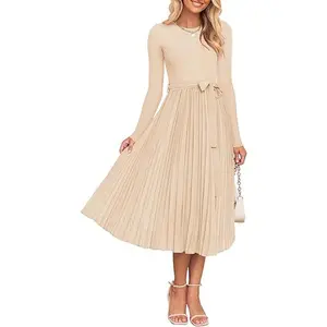 ZESICA Women's Fall Long Sleeve Midi Dress 2025 Casual Crewneck Knit Belted Pleated A Line Flowy Party Dresses