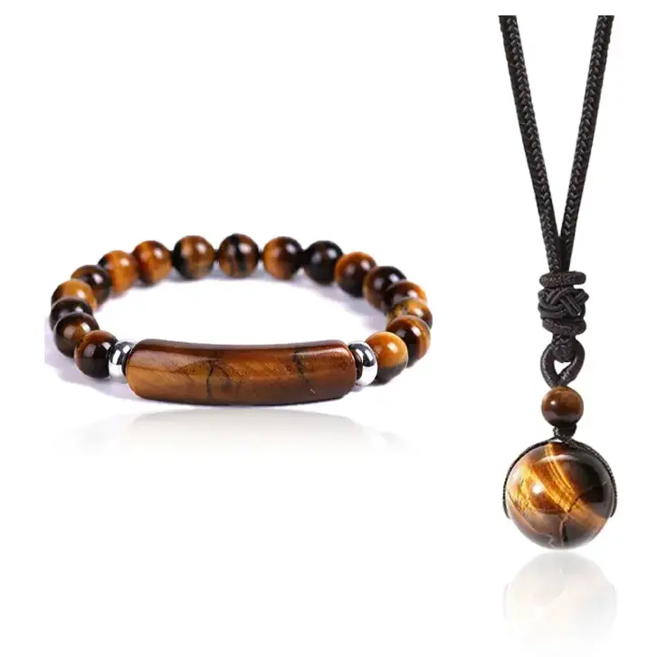 Unisex Tiger Eye Jewelry Set Pair - Natural Stone Necklace & Bracelet with Adjustable Woven Cord, Stylish Holiday Gift, Male, Adjustable Jewelry Sets, Bead, Everyday, Anniversary, Birthday