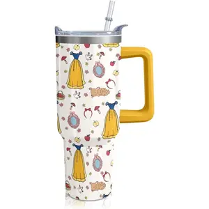 Cartoon Fairy Tale Princess Tumbler with Handle & Straw | Princesses Dress and Mirror | Travel Coffee Mug -Birthday/Christmas Gift to Girl/Women