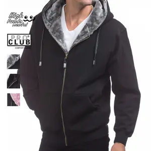 PROCLUB Men's Heavyweight Hooded Pile Jacket PRO CLUB Classic Soft Fur-Insulated Jacket Casual Fur Hoodie Full Zip Jackets Hip Hop Harem Black Gray
