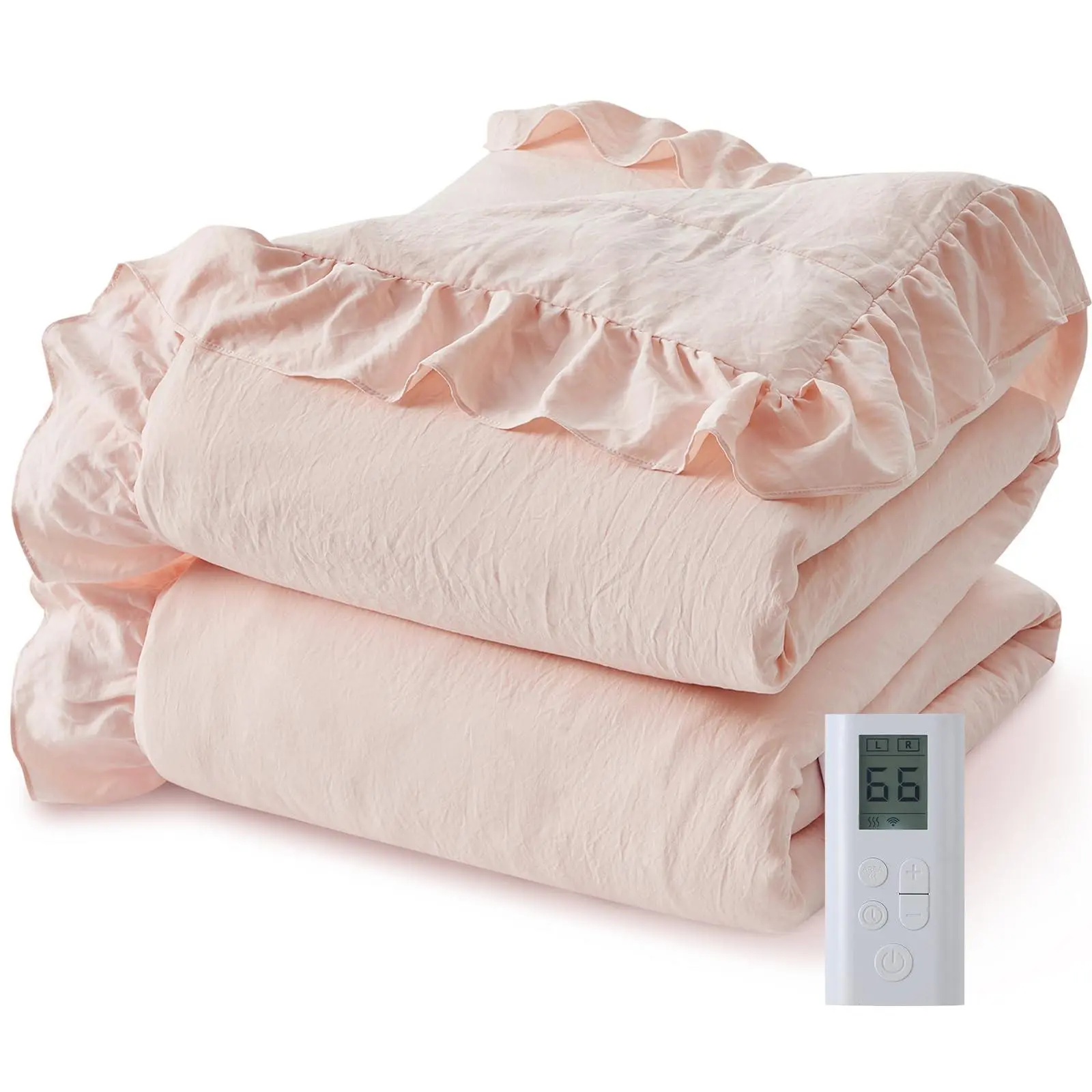 Heated Comforter Blanket Queen Size, Ruffle Electric Quilt with Wireless LCD Controller, Fast Heating & Overheat Protection, ETL Certified, Machine Washable (Pink, Queen 90"x90")