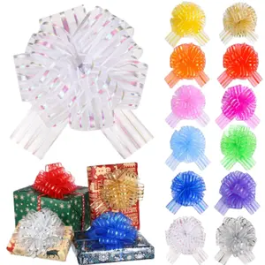 24 Pieces Mixed Color Large Organza Pull Bow Present Wrapping Pull Bow with Ribbon for Wedding Present Baskets (Multicolored)