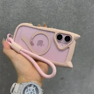 Cute Cat Ear Magsafe Case for iPhone 13 14 15 16 Pro Max 11 Plus Transparent PC TPU Armor Cover with Wrist Strap Chain