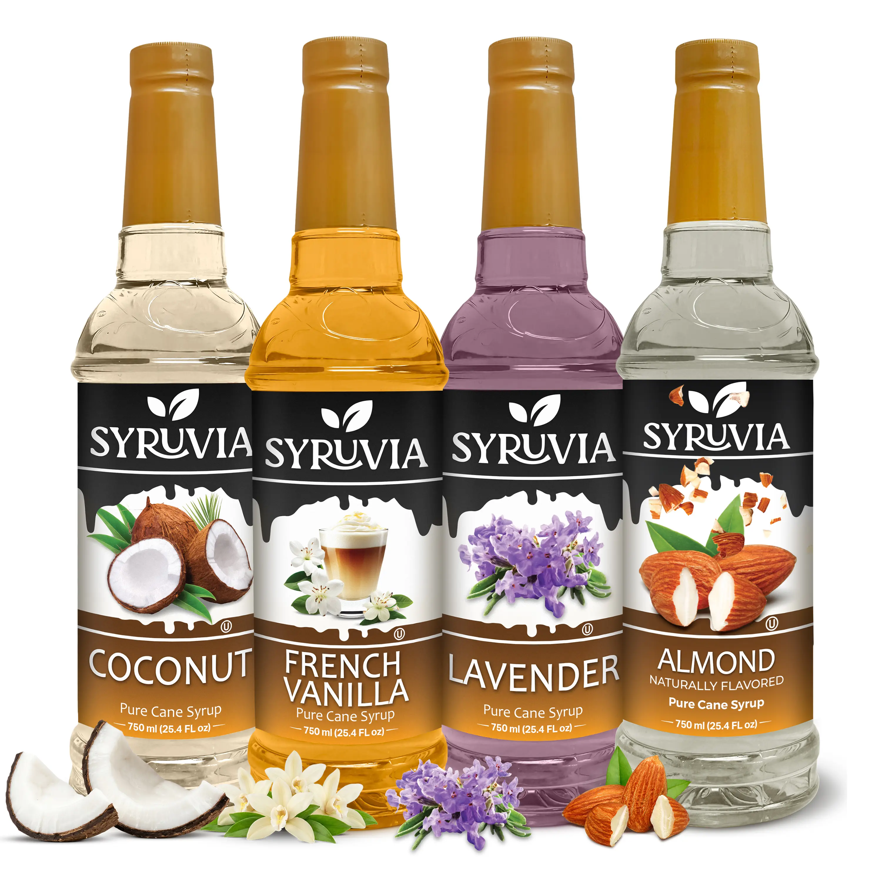 Syruvia Classic Coffee Syrup Collection – Coconut, French Vanilla, Lavender & Almond Syrup – Perfect for Coffee, Lattes, Milkshakes & More – 25.4 Fl oz (4 Pack)