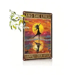 Retro Tin Sign "Live a Happy Life from Now on"-Rustic Style Wall Art, Vibrant Sunset Silhouette Design, Durable Indoor/Outdoor Home Decoration